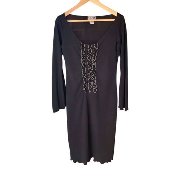 Vintage Luly K Sheer Black Midi Dress With Ruffle Front Bell Sleeves Sz L Witchy - Picture 2 of 16
